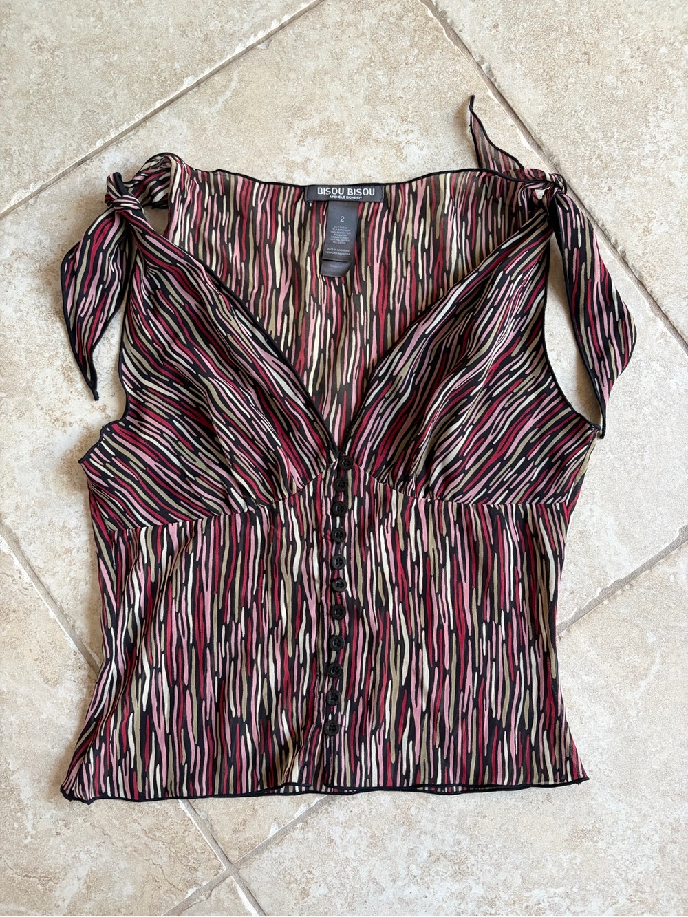 Vintage Bisou Bisou Y2K Abstract Print Tie Shoulder Top